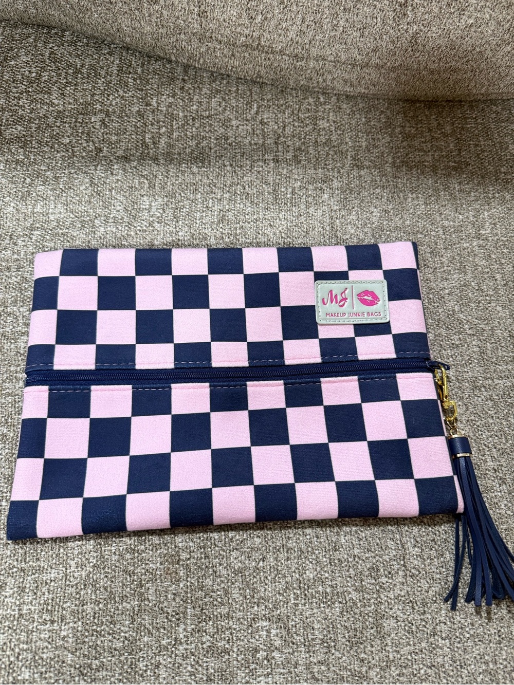 Makeup Junkie Bags Pink & Navy Checker Cosmetic Bag